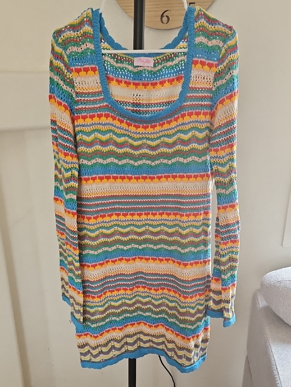 Bright Multicolor Crochet Scoop Neck Sweater Dress Pink Lily